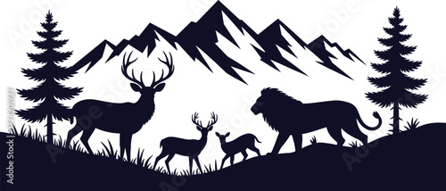 Majestic mountain landscape featuring wild animals and pine trees deer lion.