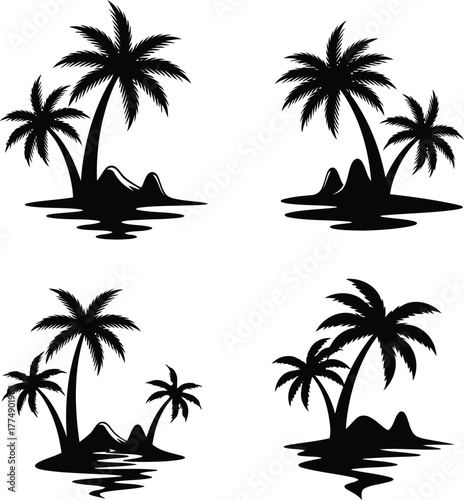 Tropical paradise island vector illustration featuring palm trees and serene sea on white background