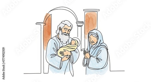 Sretensky Feast: Simeon Holding Baby Jesus with Prophetess Anna Nearby. Minimalist One-Line Watercolor Vector