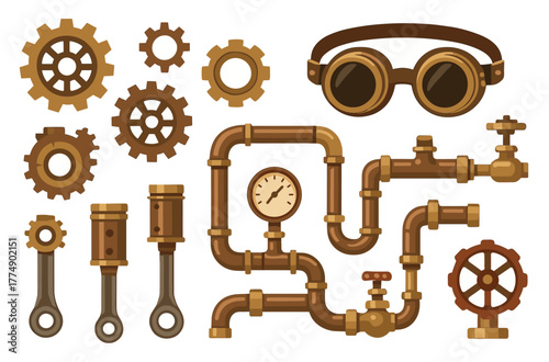 Steampunk gear and pipe collection with goggles and pressure gauge