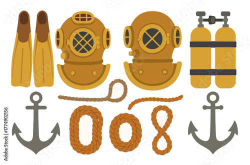 Vintage diving equipment collection with helmets, flippers, and anchors