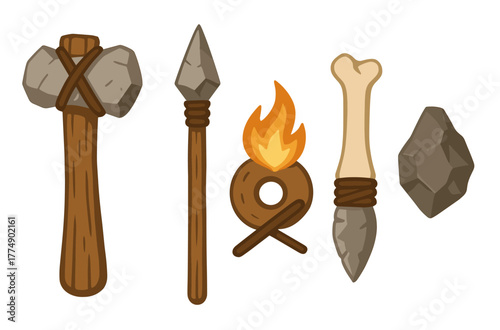 Primitive tools collection with stone hammer, spear, fire, and bone dagger