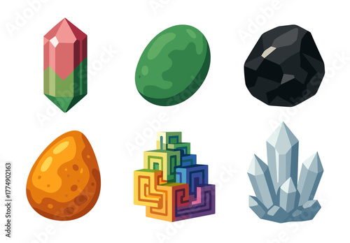 Colorful gemstones and crystals set on white background