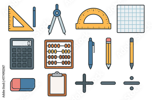 Colorful collection of school and office supplies including ruler, calculator, and abacus