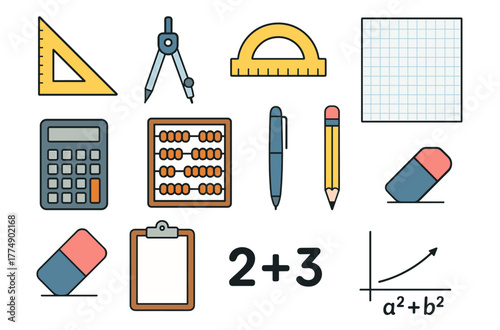Math tools and symbols: calculator, abacus, compass, protractor, pencils, eraser, clipboard, graph