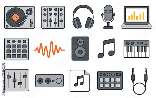Music production equipment icons: turntable, headphones, mixer, microphone, laptop
