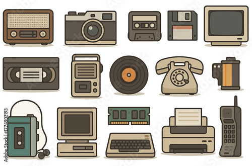 Retro electronics collection: vintage radios, cameras, phones and more iconic devices