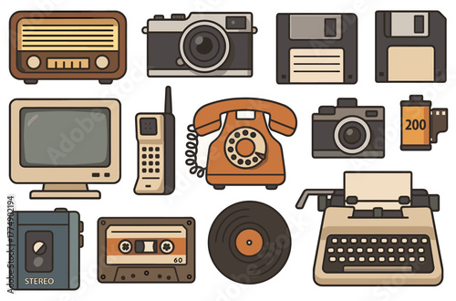 Retro collection of vintage electronics and media devices
