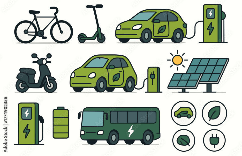 Naklejka premium Eco-friendly transportation: bicycles, electric cars, e-scooters, solar panels, electric buses