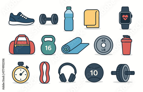 Diverse gym equipment icons including weights, yoga mat, and fitness tracker