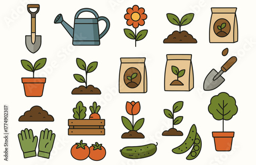 Colorful garden tools and plants collection with flowers and vegetables