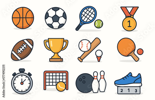 Sports equipment and awards collection featuring balls, racquet, trophy, and medal