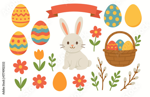 Cute easter bunny and colorful eggs with spring flowers and basket