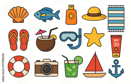 Colorful summer beach essentials: shell, boat, coconut drink, starfish, snorkel