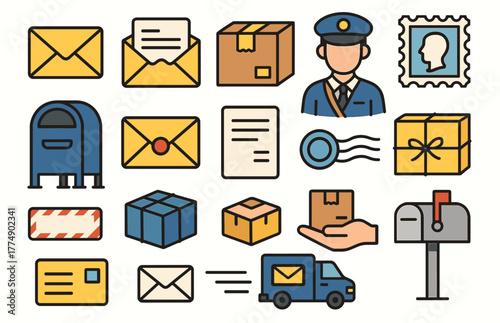 Postal service icons collection with envelopes, packages, and mailbox