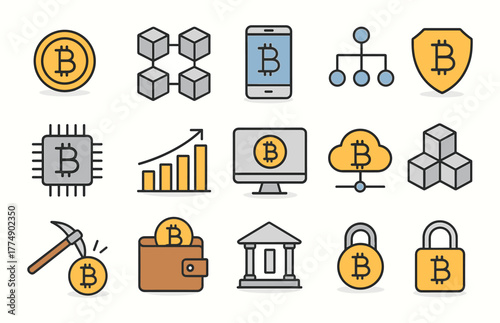 Cryptocurrency icons: blockchain, bitcoin, security, technology, finance