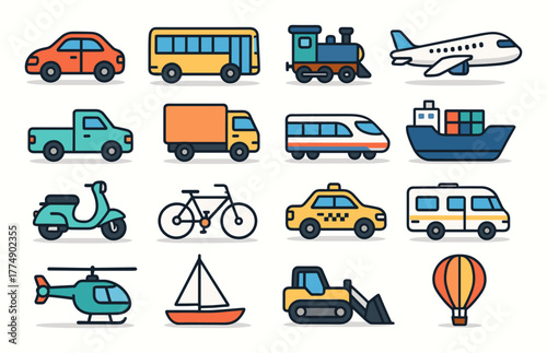 Colorful set of transportation icons including car, bus, train, and more