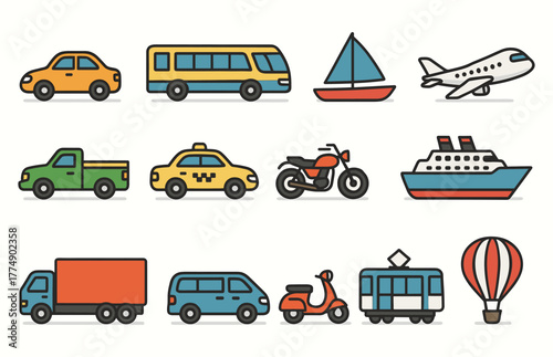 Colorful transportation icons set featuring various vehicles and modes of transport