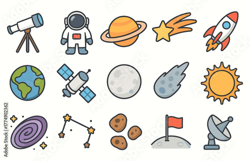 Space exploration icons: telescope, astronaut, planets, stars, rocket, earth, moon, satellite