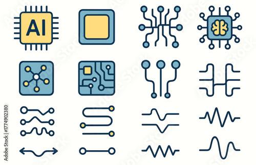 Ai and circuit board icons set: neural network, microprocessor, technology symbols