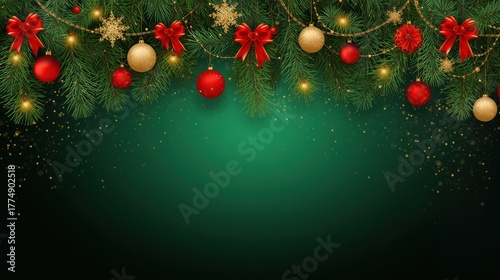 A festive dark green background with a top border of fir branches, string lights, and red and gold Christmas baubles.