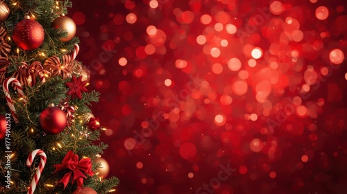 A cropped Christmas tree decorated with red and gold ornaments and candy canes, set against a vibrant red bokeh background with copy space.