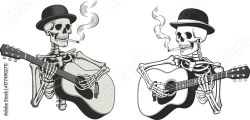 Skeleton playing acoustic guitar wearing hat smoking cigarette music.