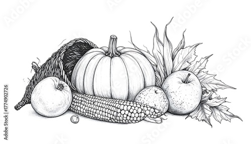 Thanksgiving Harvest Still Life - Cornucopia, Pumpkin, and Apples.