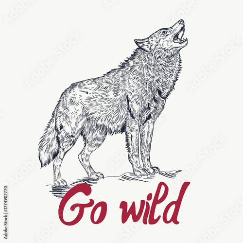 Fashion apparel vector print hand drawn wolf, wild camping tourism