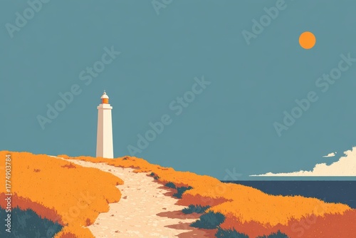 Lighthouse on a calm pier with warm cloud reflections