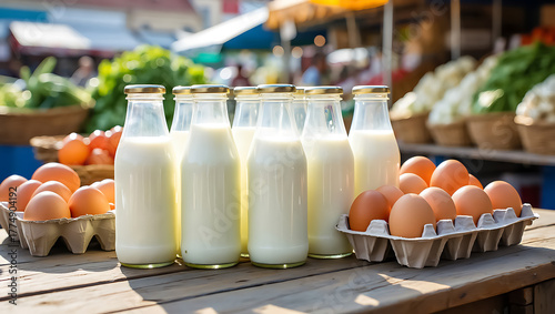 Glass bottles of white milk and brown eggs on a wooden table at a market dairy farm fresh