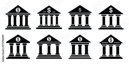 bank building silhouette icon set