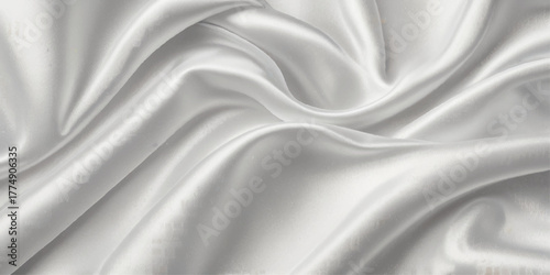 Luxurious close-up of a white satin fabric. A close-up view of a rich, deep white satin fabric, showcasing its smooth, flowing texture.	