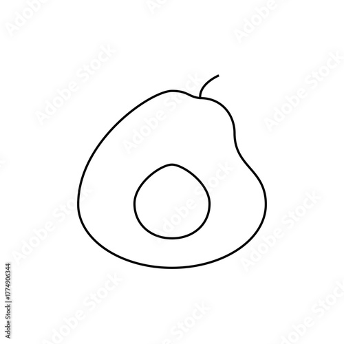 Outline drawing of a halved avocado with a visible pit in the center on a white background simple style