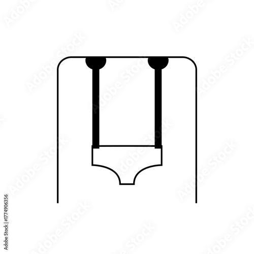 Illustration of a black and white swing set with a simple seat hanging from two ropes in a rectangular frame