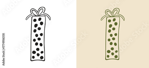 Hand drawn outline of a tall, rectangular gift box with a ribbon and polka dot pattern. Doodle icon for holiday celebrations, seasonal shopping sales, e-commerce, and birthday graphics. line art