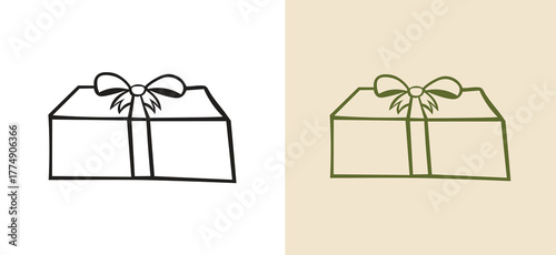 hand-drawn outline of a wide, plain rectangular gift box tied with a simple bow. This versatile doodle vector is great for corporate gifting, general business concepts, e-commerce packaging.
