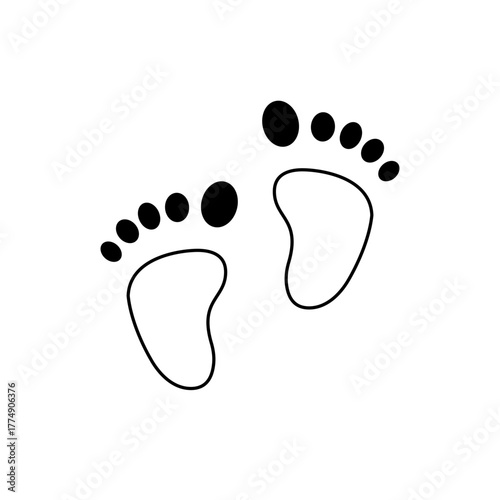 Two baby footprints with black toes facing slightly away from each other on a white background design
