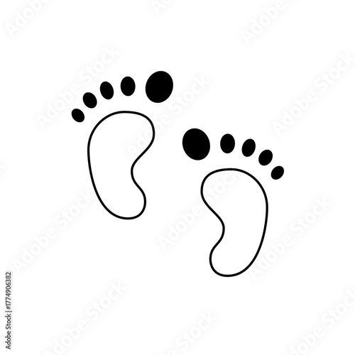 Illustration of two baby footprints with black toe dots on a white background in a simple outline style