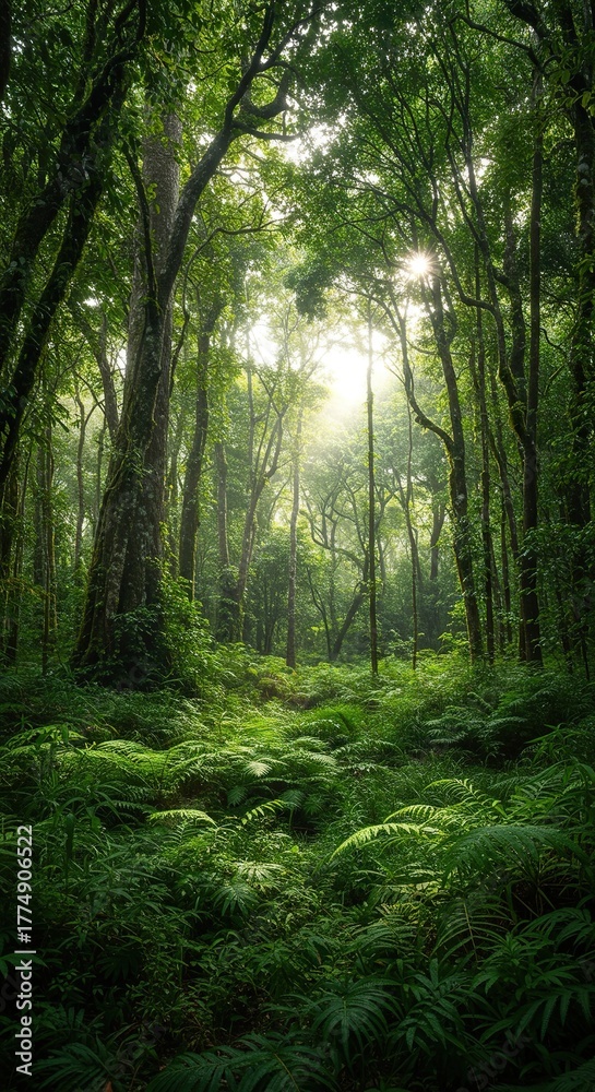 Fototapeta premium A vast, untouched wilderness rainforest, teeming with lush green vegetation, ancient trees, and filtered sunlight through a dense canopy ,wilderness ,rich ,atmospheric