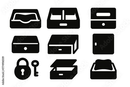 Cabinet Interior Icons. Solid style icons of cabinet interior features: Velvet Lining, Wooden Divider, Label Slot, Hinged Panel,