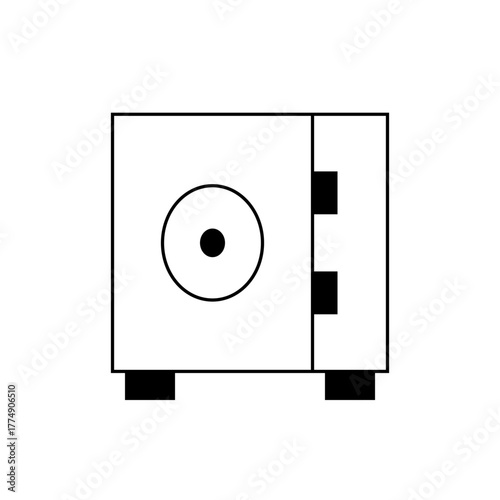 Illustration of a closed white safe with a circular lock and black details on a white background view