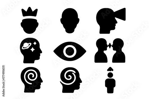 Expanded Consciousness Icons. Solid style icons of expanded consciousness: Open Crown, Floating Head, Light Beam from Mind, Inner