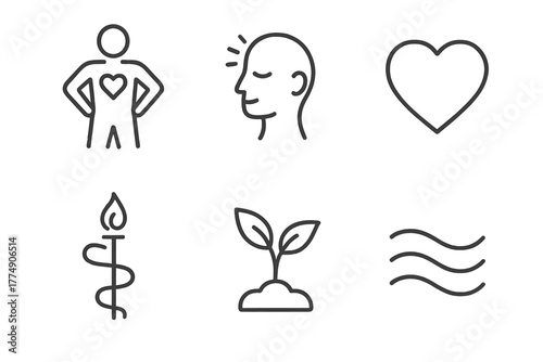 Holistic Health Icons. Line style icons of holistic balance in homeopathy: physical health, mental wellness, emotional peace,