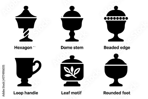 Uranium Glass Icons. Solid style icons of uranium glass shapes: Hexagon Base, Swirl Stem, Dome Lid, Beaded Edge, Hourglass Body,