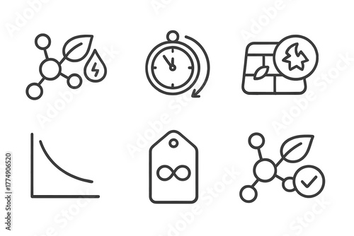 Artificial Photosynthesis Icons. Line style icons of artificial photosynthesis: catalyst degradation icon, stability over time,