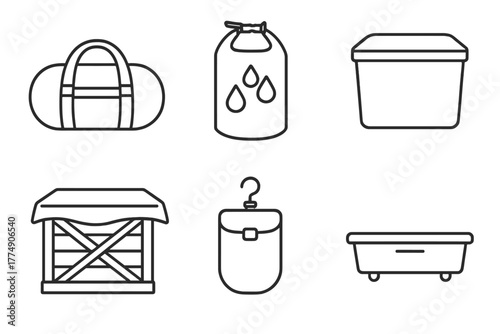 Rainproof Storage Icons. Line style icons of Rainproof Storage: waterproof duffel, dry bag, sealed bin, covered crate, hanging