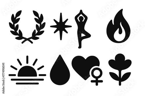 Vintage Wellness Icons. Solid style icons of vintage wellness symbols: Laurel Crown, Vital Spark, Balanced Body, Clean Flame, Body