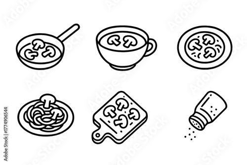 Foraged Mushroom Delights. Line style icons of Culinary Uses of Foraged Mushrooms: sauté pan with mushrooms, mushroom soup bowl,