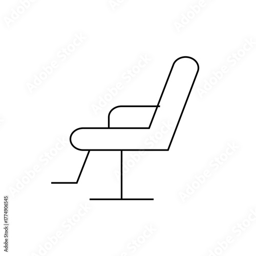 Illustration of a minimalist chair with armrests and a footrest in a simple line drawing style design